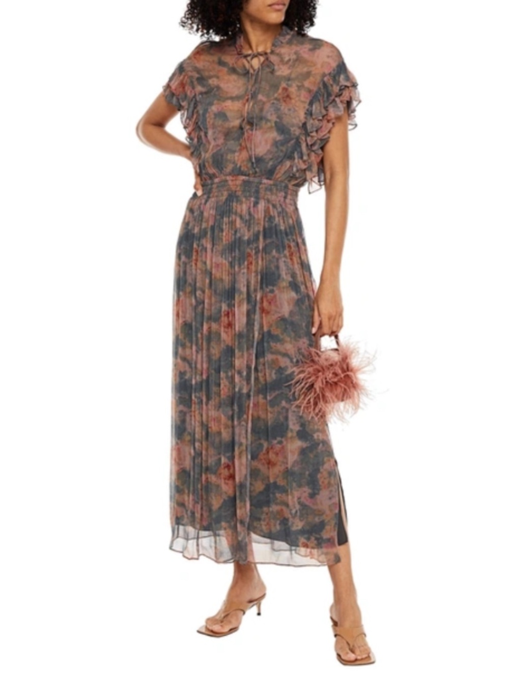 🤩NWT IRO Sault Ruffle-trimmed Printed Georgette Maxi Dress In Metallic🤩